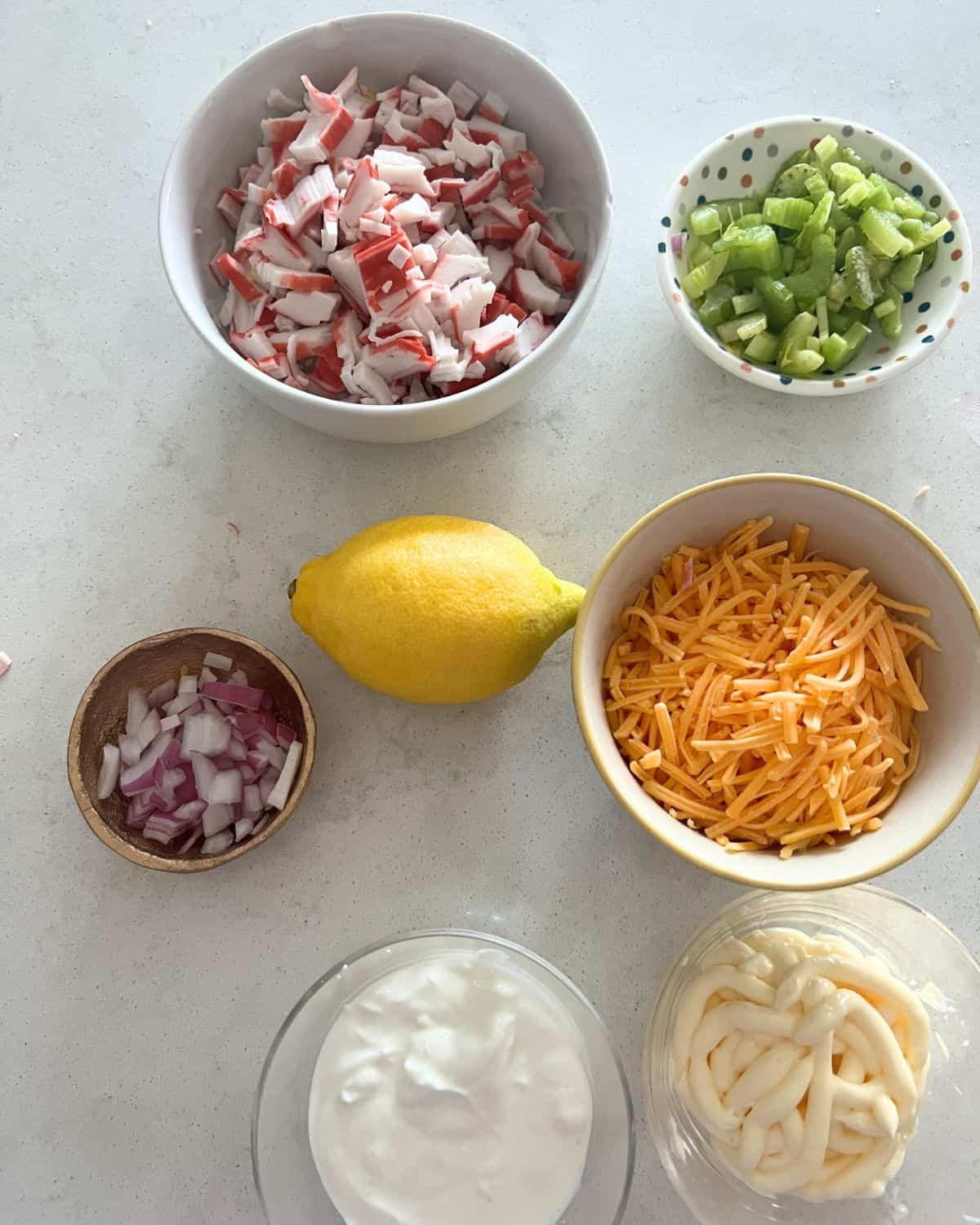 Ingredients needed for imitation crab salad. 