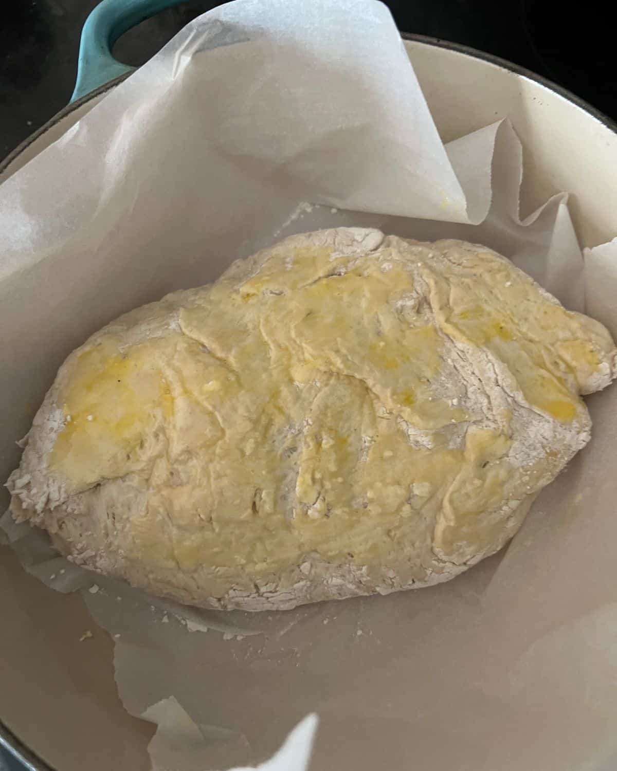 Ball of dough in dutch oven. 