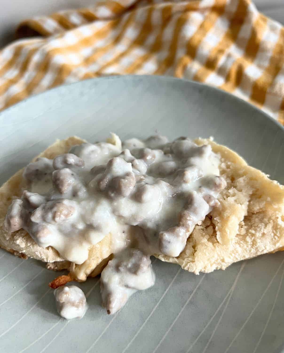 Sausage gravy on top of 2 ingredient dough biscuits. 