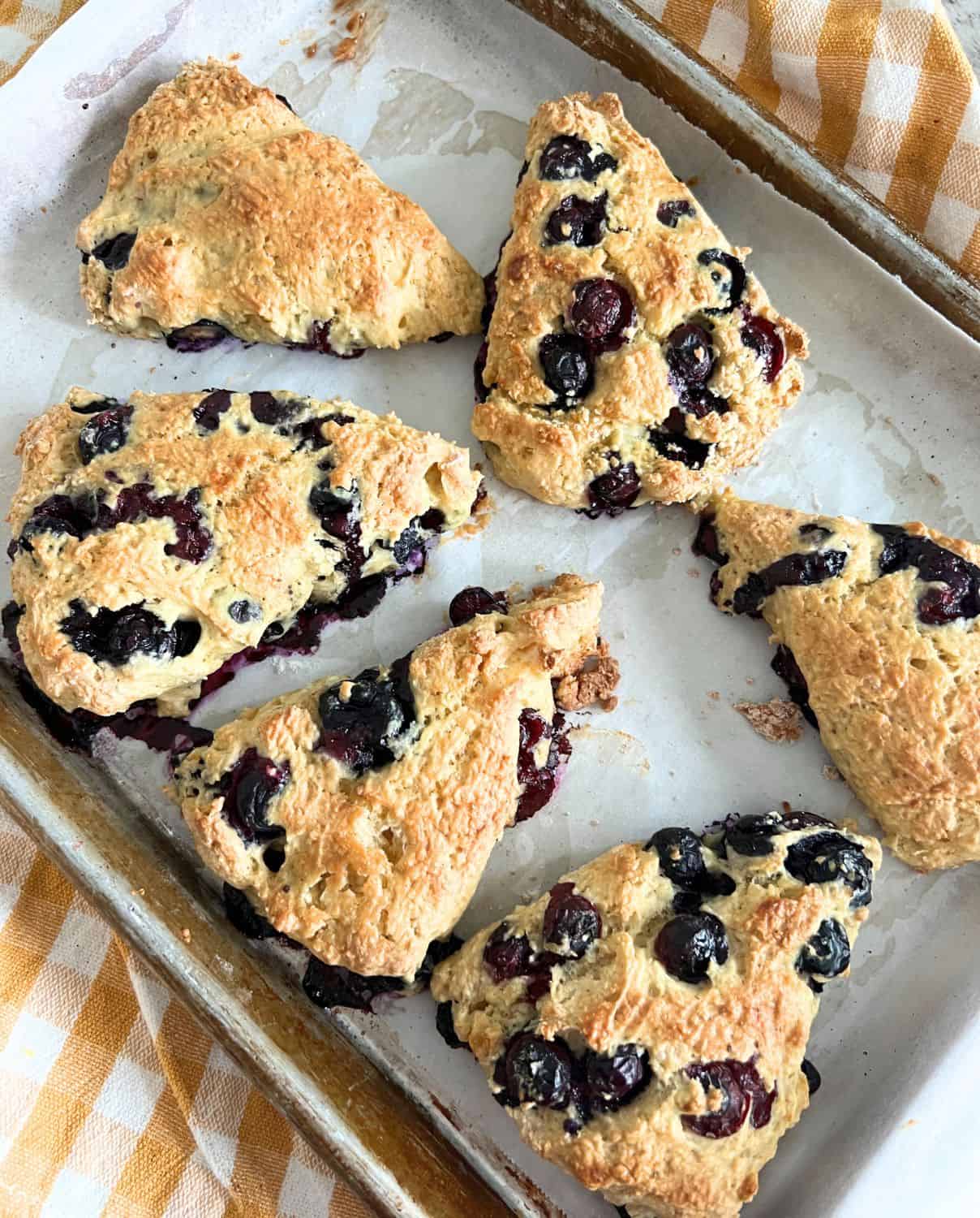 LIghtened up blueberry scones on a baking sheet. 