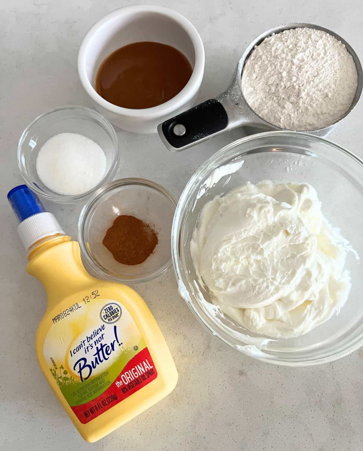 Ingredients needed for Caramel Cinnamon Rolls. 