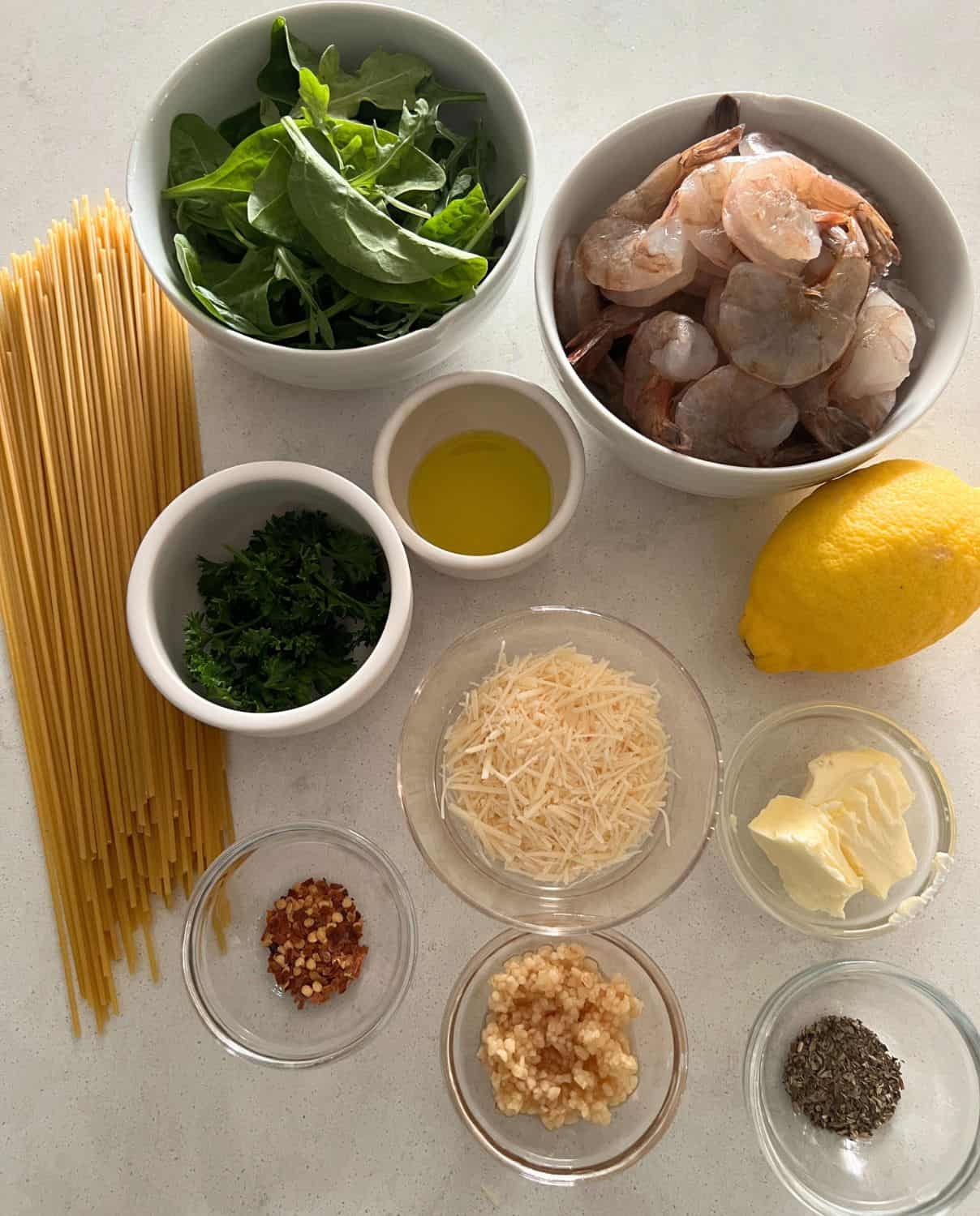 Ingredients needed for one pot lemon garlic shrimp pasta.