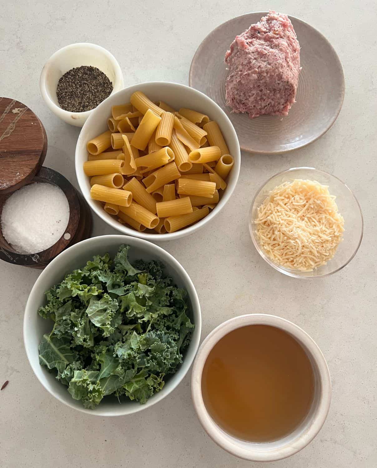 Ingredients needed for Rigatoni with Sausage and Kale. 