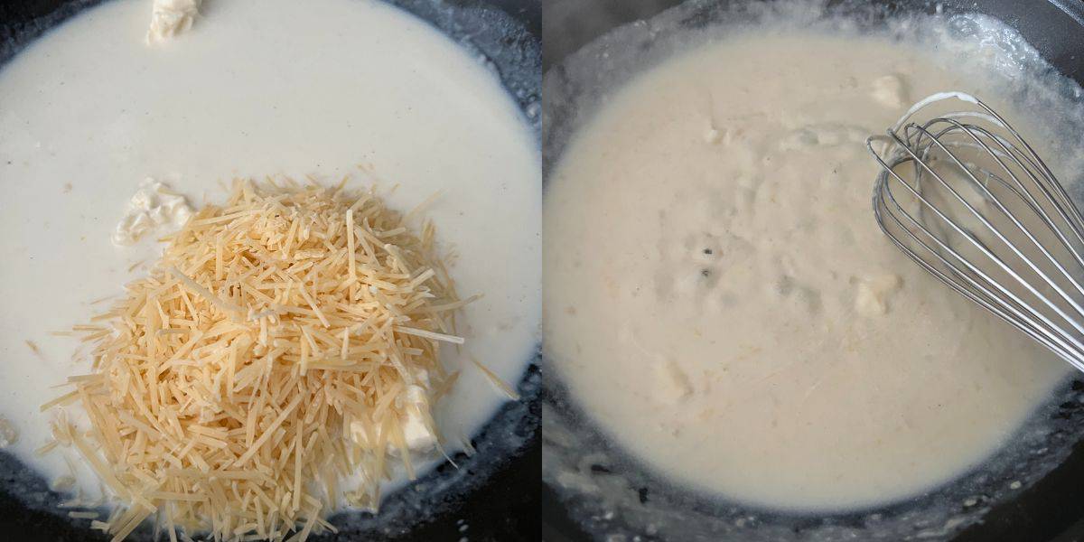 Milk, cream, and parmesan cheese mixed together in a bowl. 