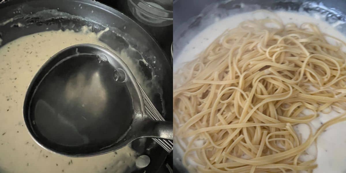 Reserved pasta water being added to the sauce with the noodles. 