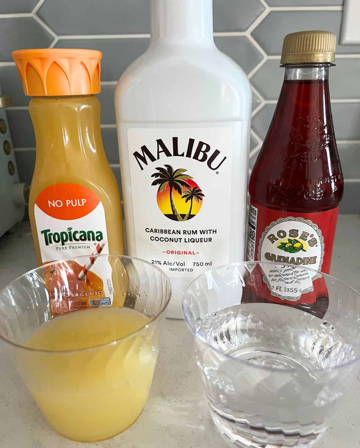 Ingredients needed for Bahama Mama. 