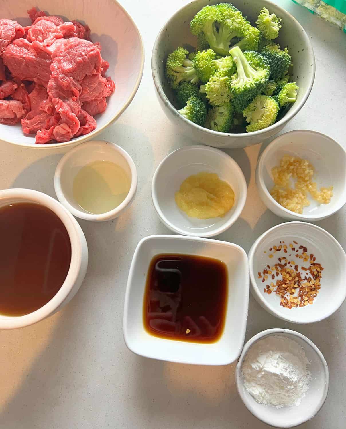 Ingredients needed for beef and broccoli. 
