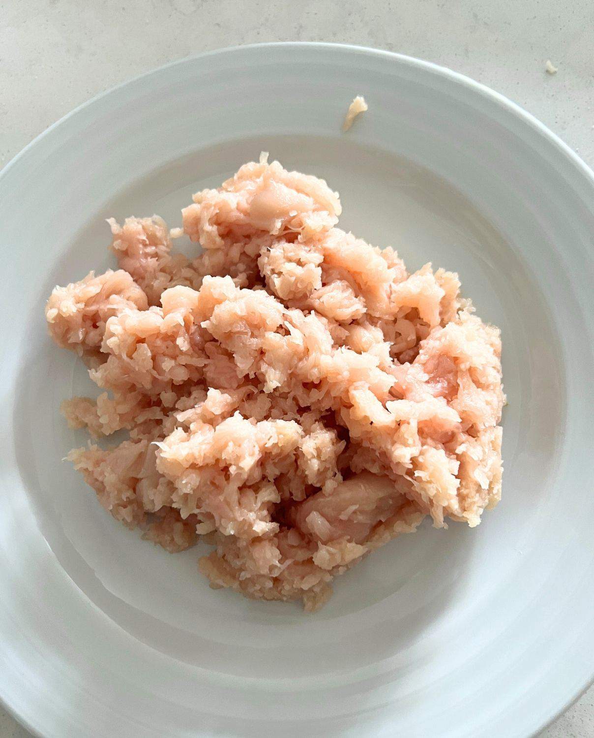 Grinded chicken from a food processor on a plate. 