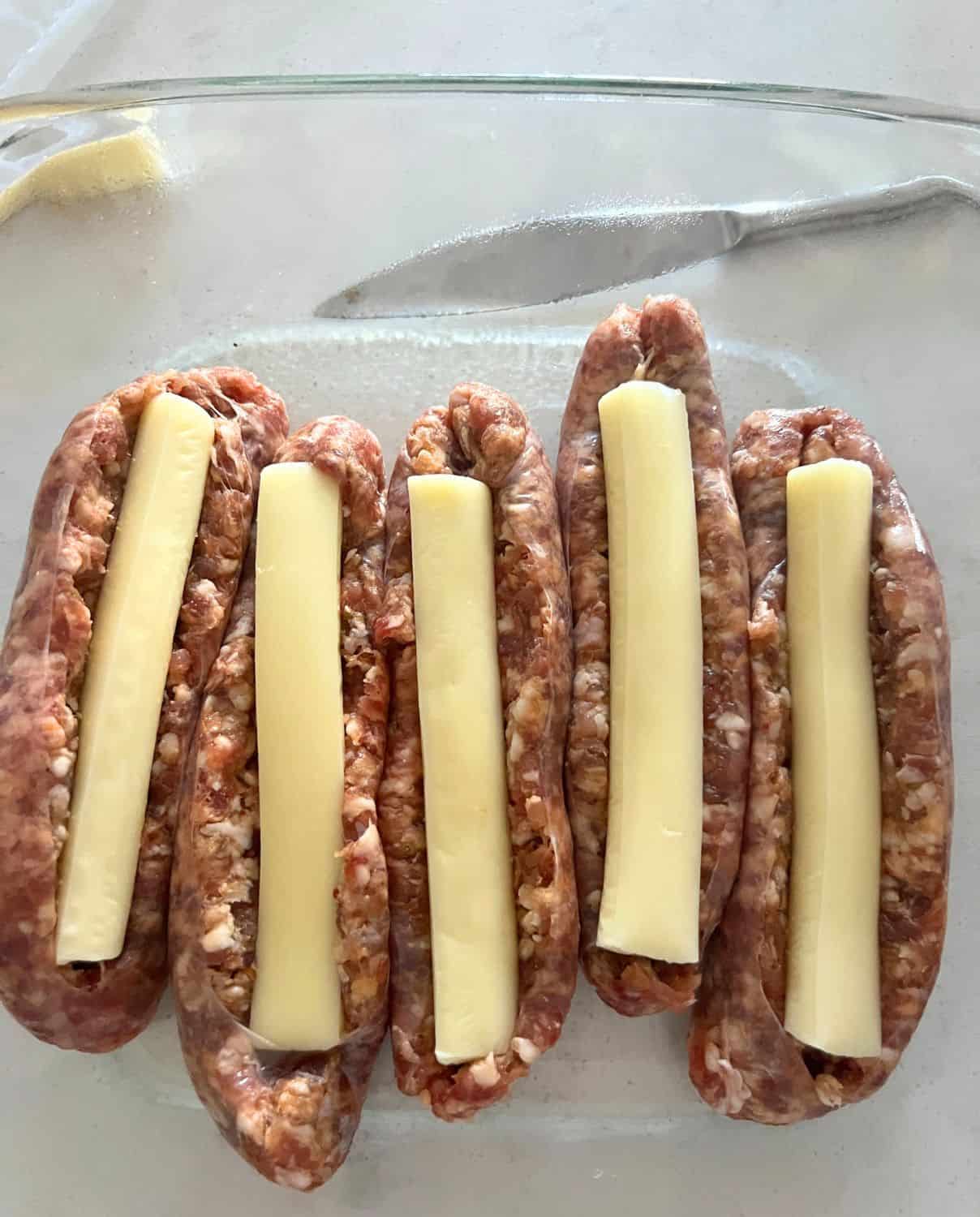Italian Mild sausage stuffed with mozzarella sticks.