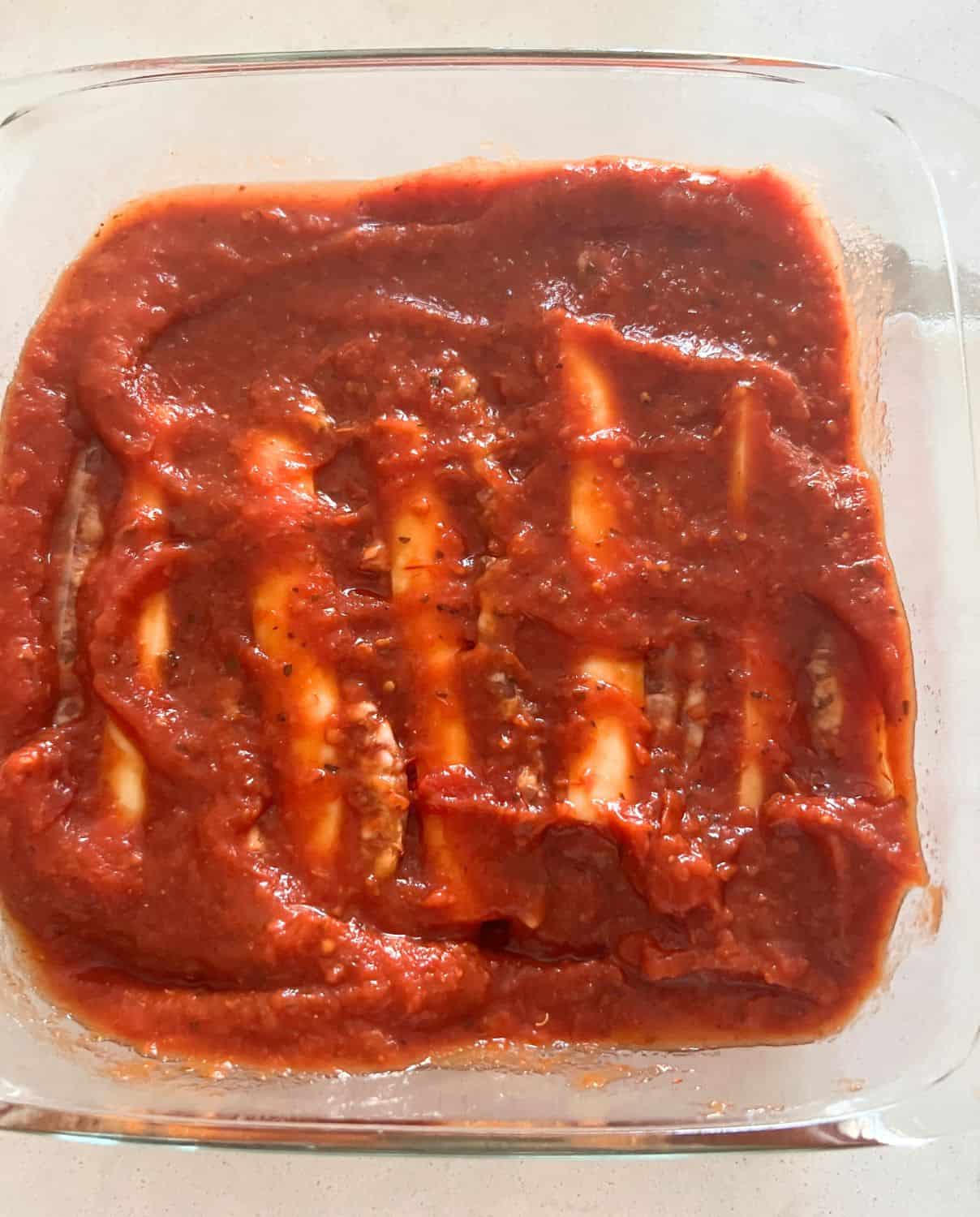 Stuffed Italian Sausage topped with marinara sauce.