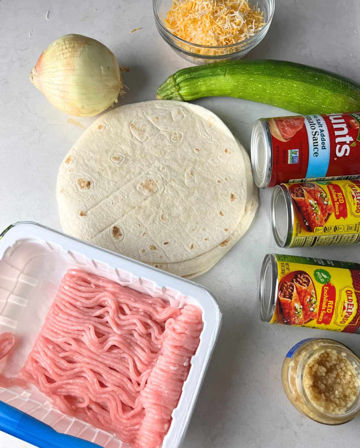 Ingredients needed for turkey enchiladas. 