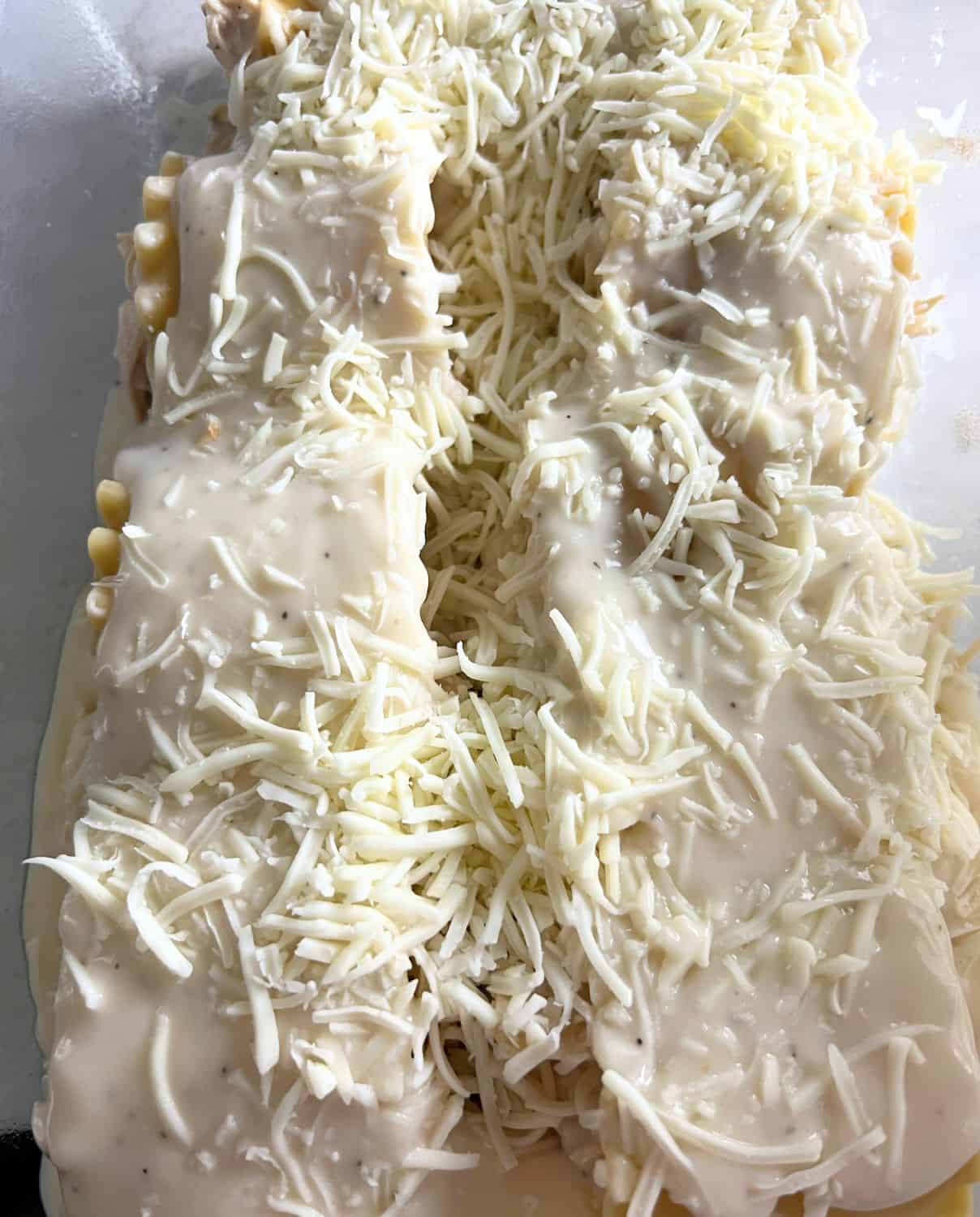 Crack chicken lasagna rolls topped with cheese and sauce. 