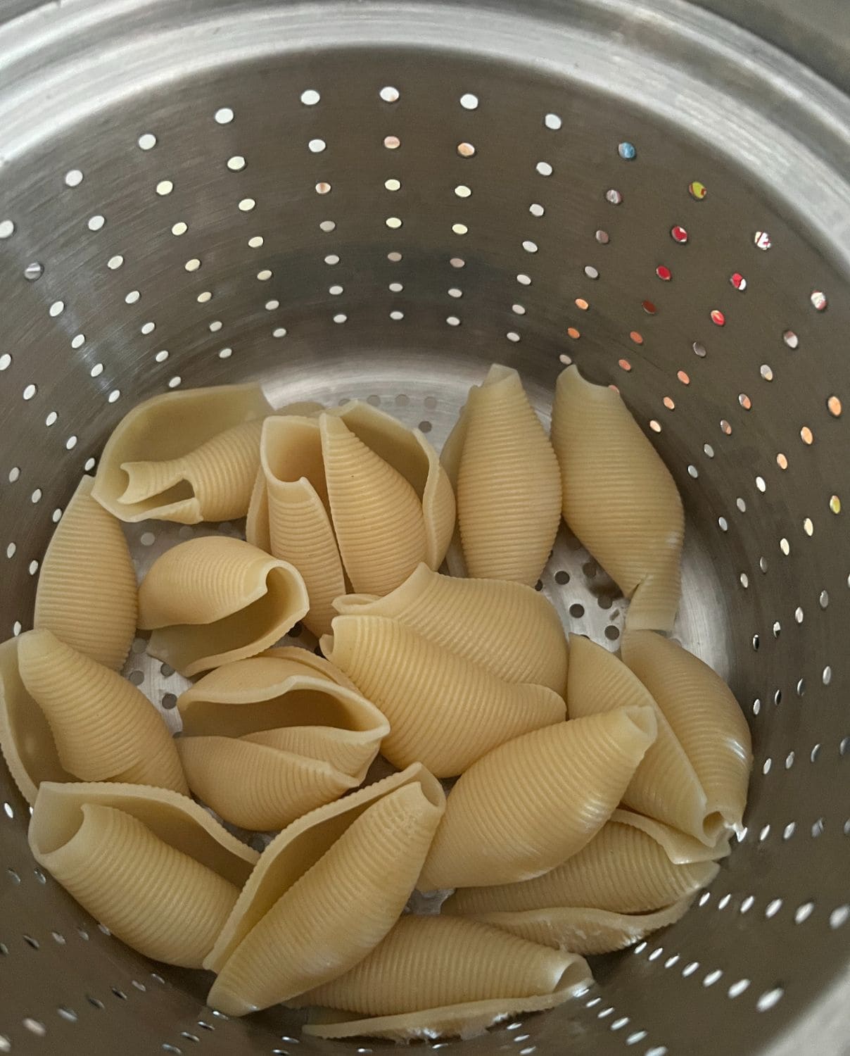 Drained and cooked pasta shells. 