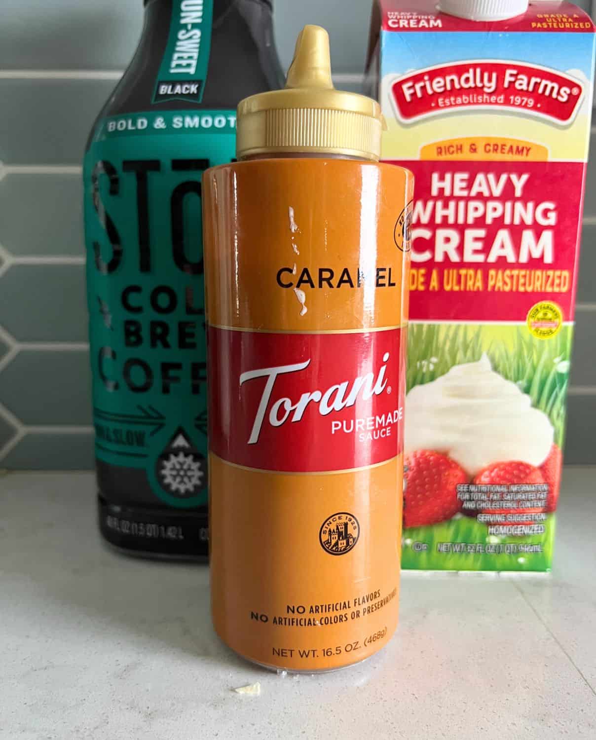 Ingredients needed for Salted Caramel Cream Cold Brew. 