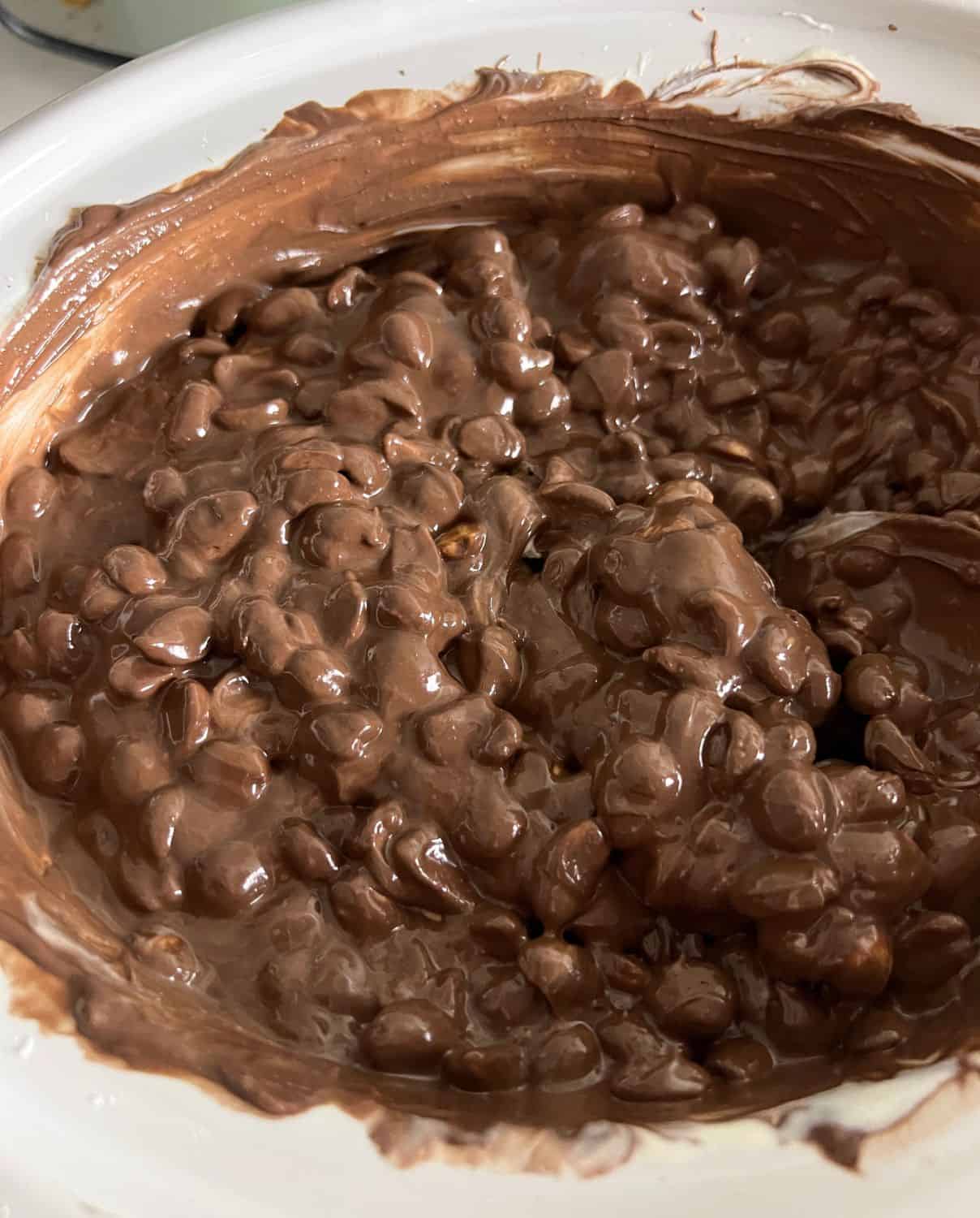 Melted chocolate and peanuts in a white slow cooker. 
