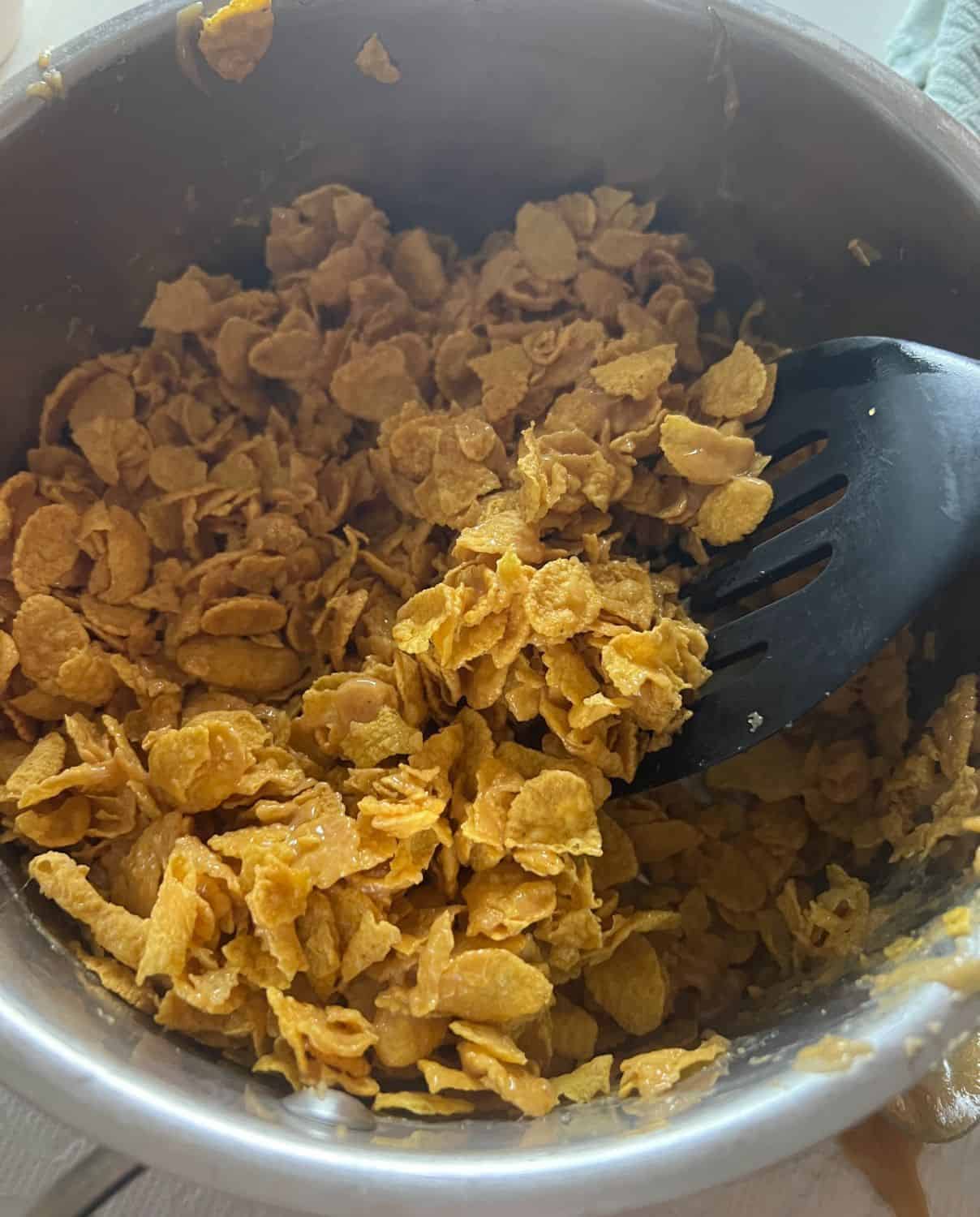 Cornflake cereal mixed with peanut butter, sugar, and corn syrup. 
