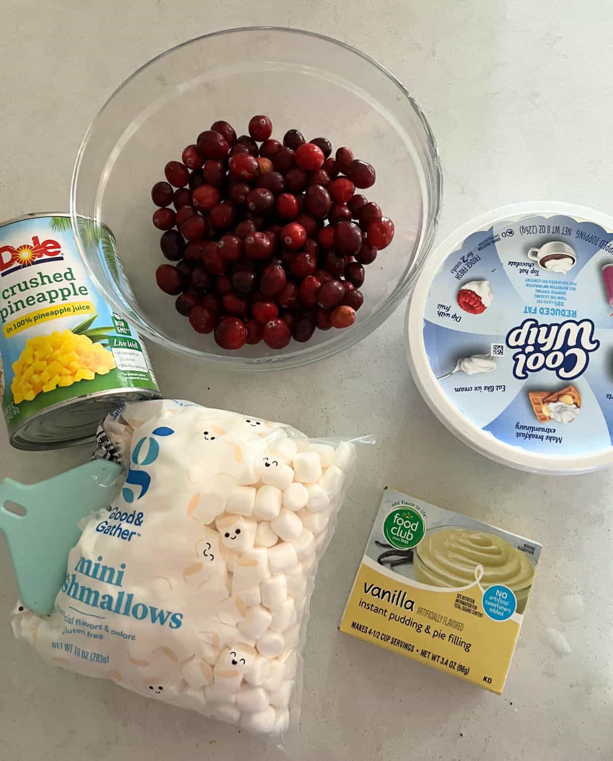 Ingredients needed for Cranberry Fluff Salad. 