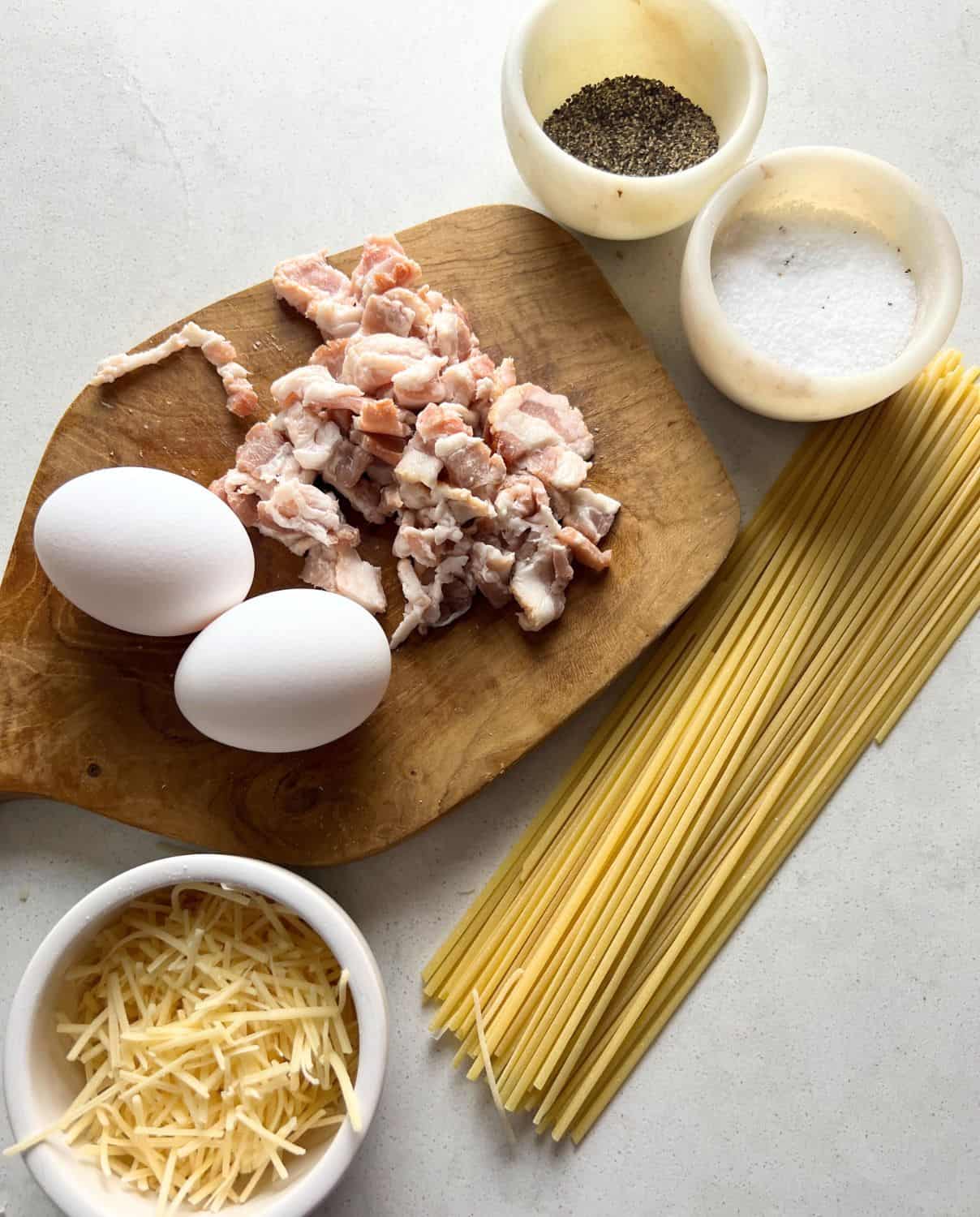 Ingredients needed for Spaghetti Carbonara. 