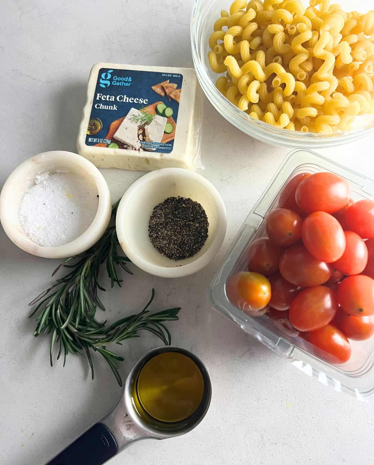 Ingredients needed for Baked Feta Pasta. 