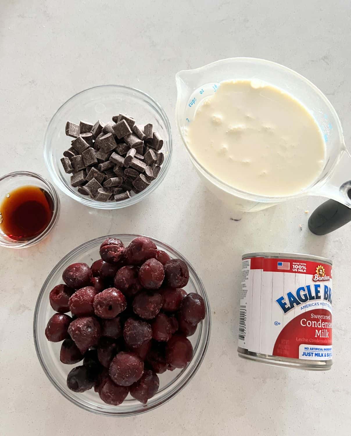 Ingredients needed for Ben and Jerry's Cherry Garcia Ice cream. 