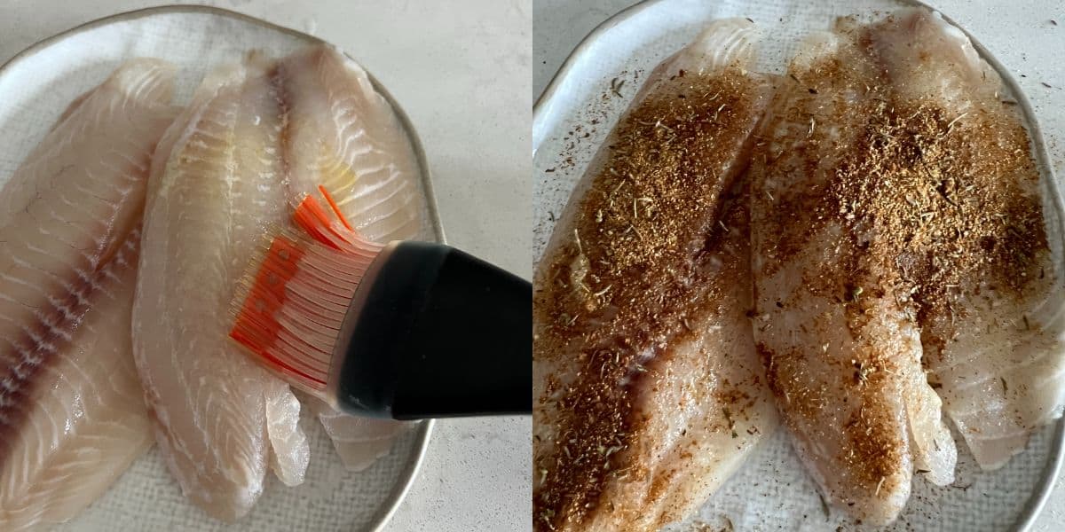 Olive oil getting brushed onto tilapia and then it gets seasoned on each side. 