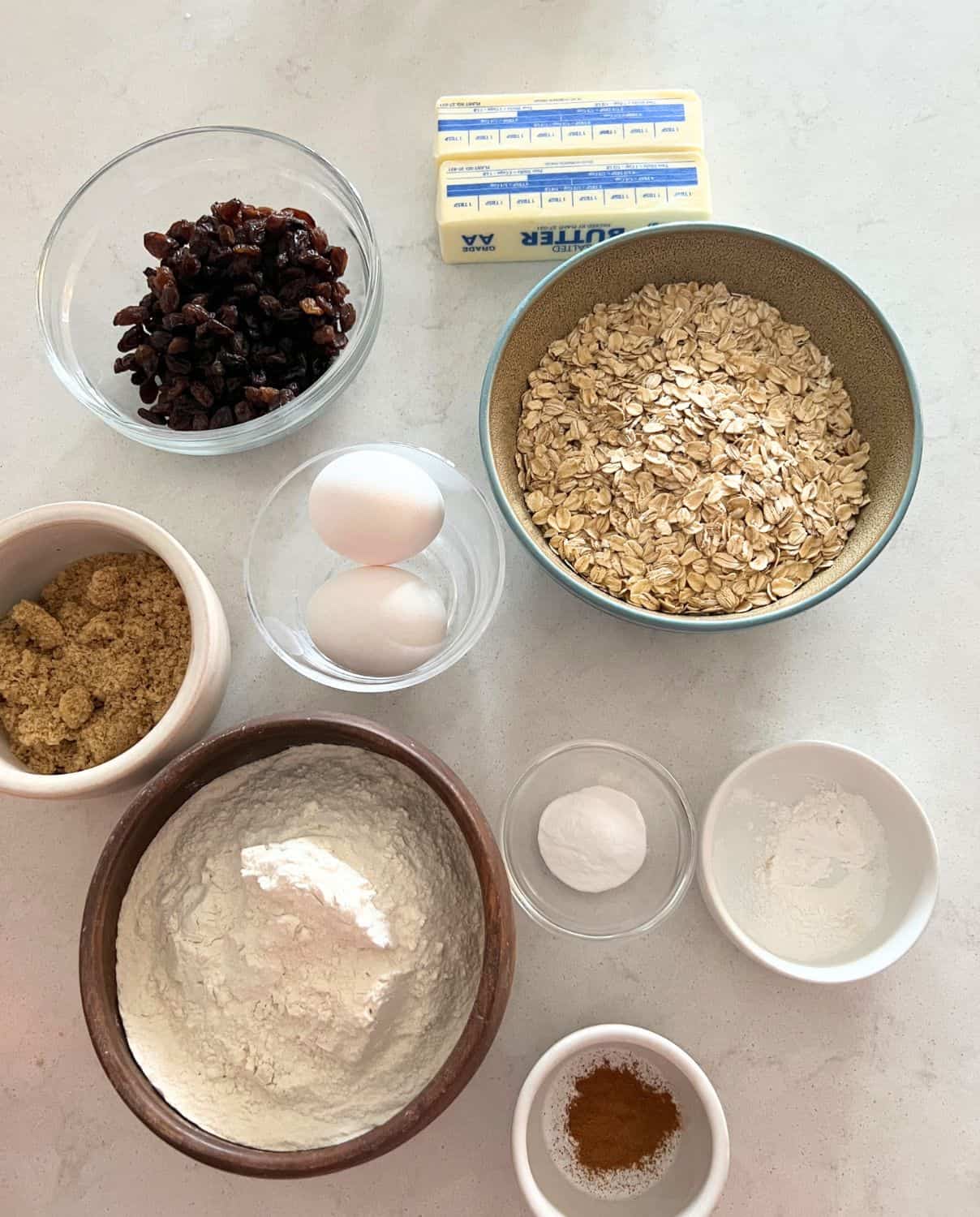 Ingredients needed for oatmeal raisin cookies. 