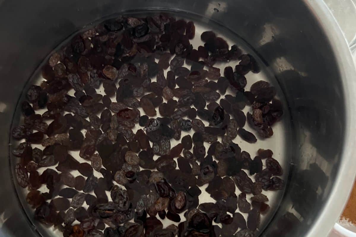 Raisins soaking in a pot of water. 
