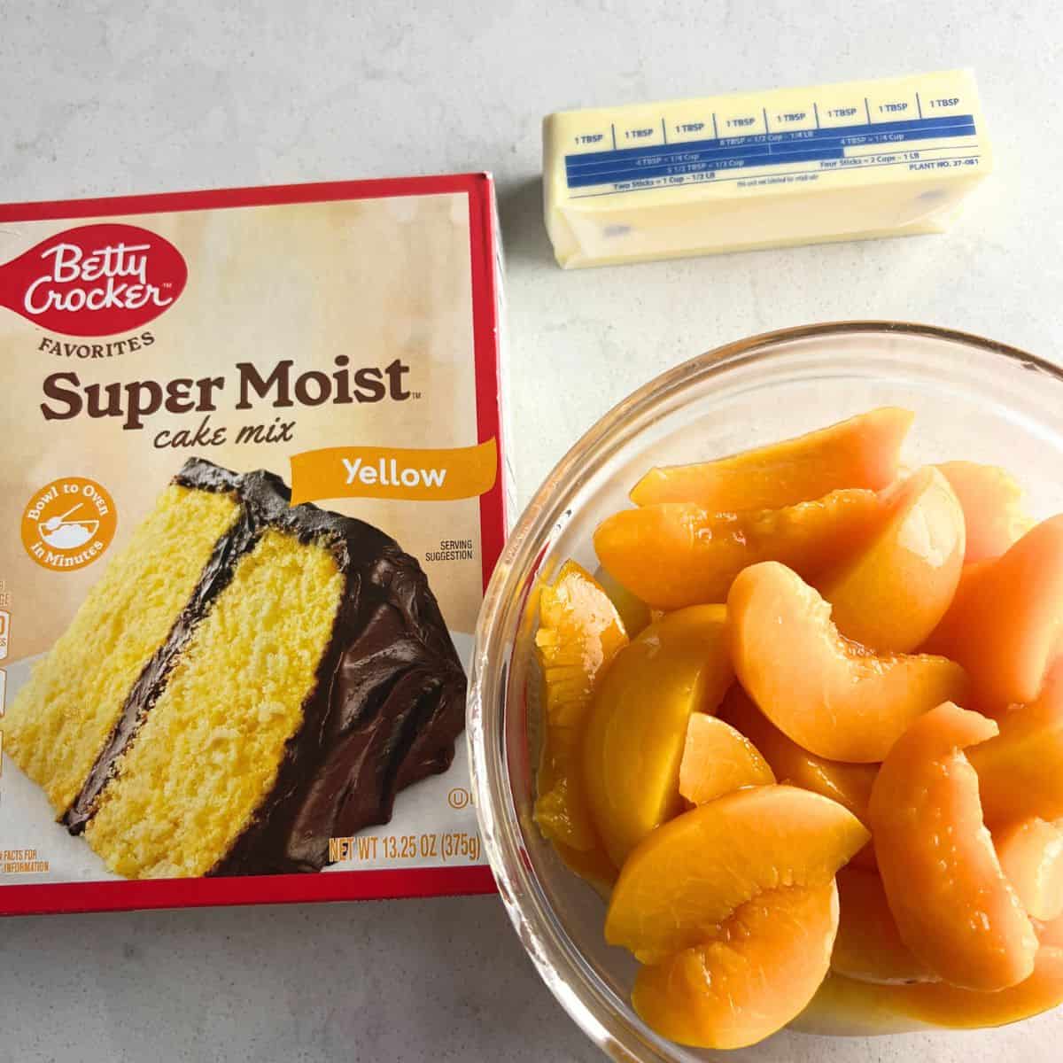 Ingredients needed for Peach Cobbler.