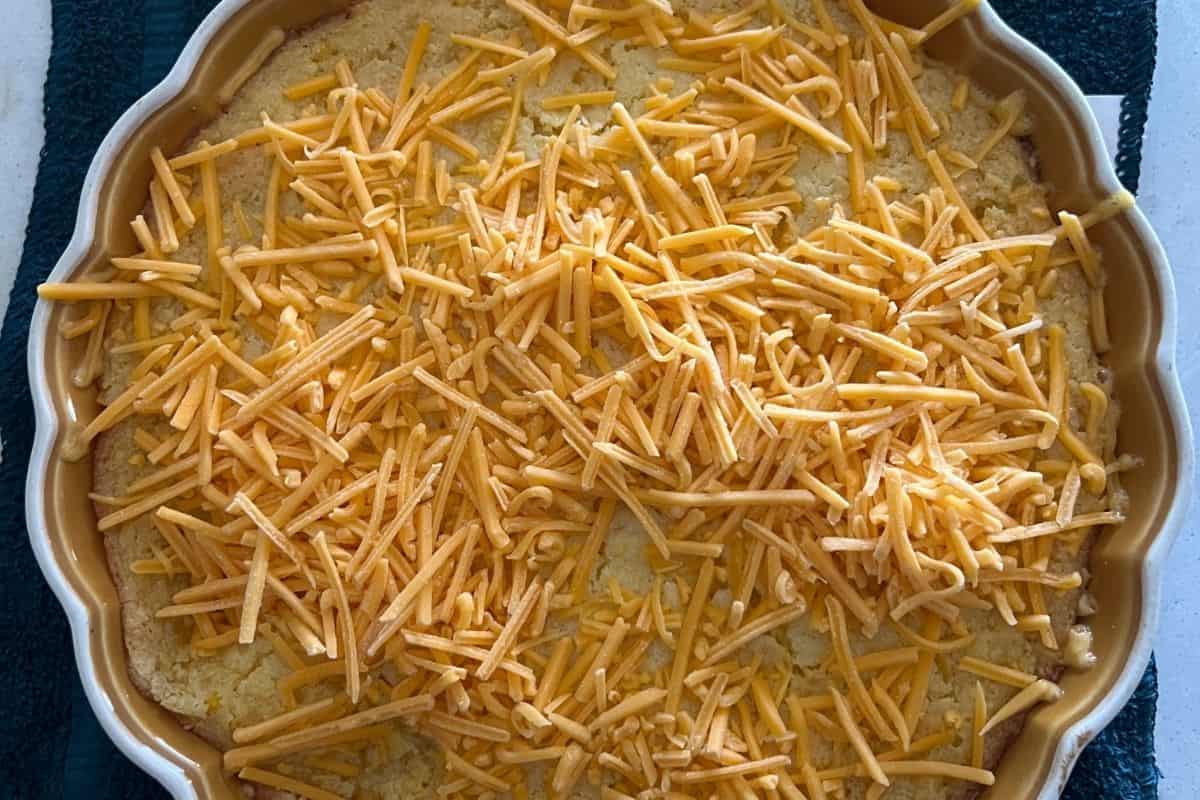Corn Casserole Topped with cheese. 