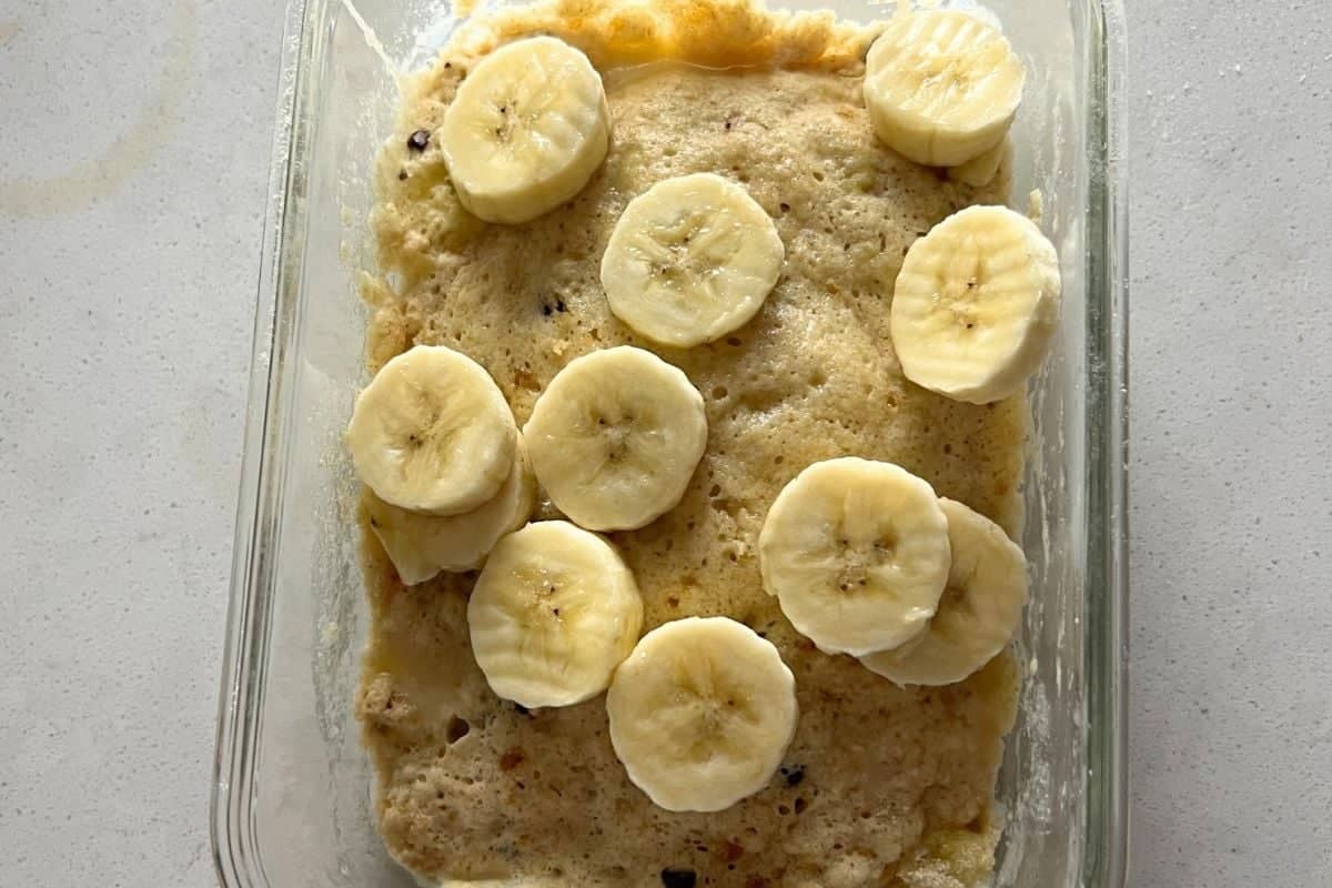 Lazy pancake bowl topped with bananas. 