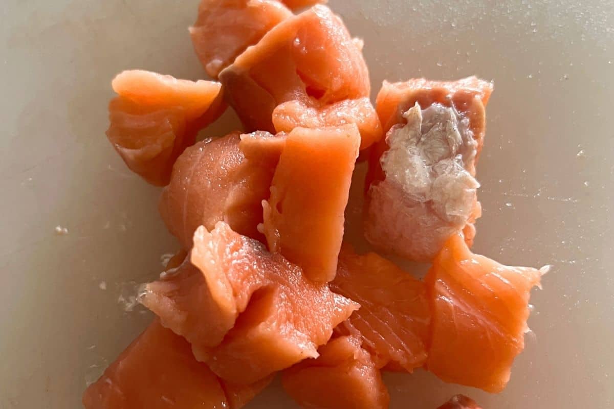 Cubed up salmon ready for air fryer. 
