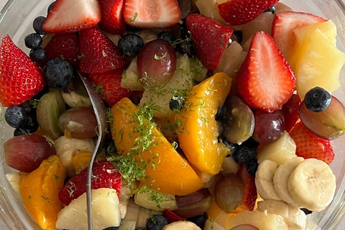 All the fruit combined together in a bowl. 