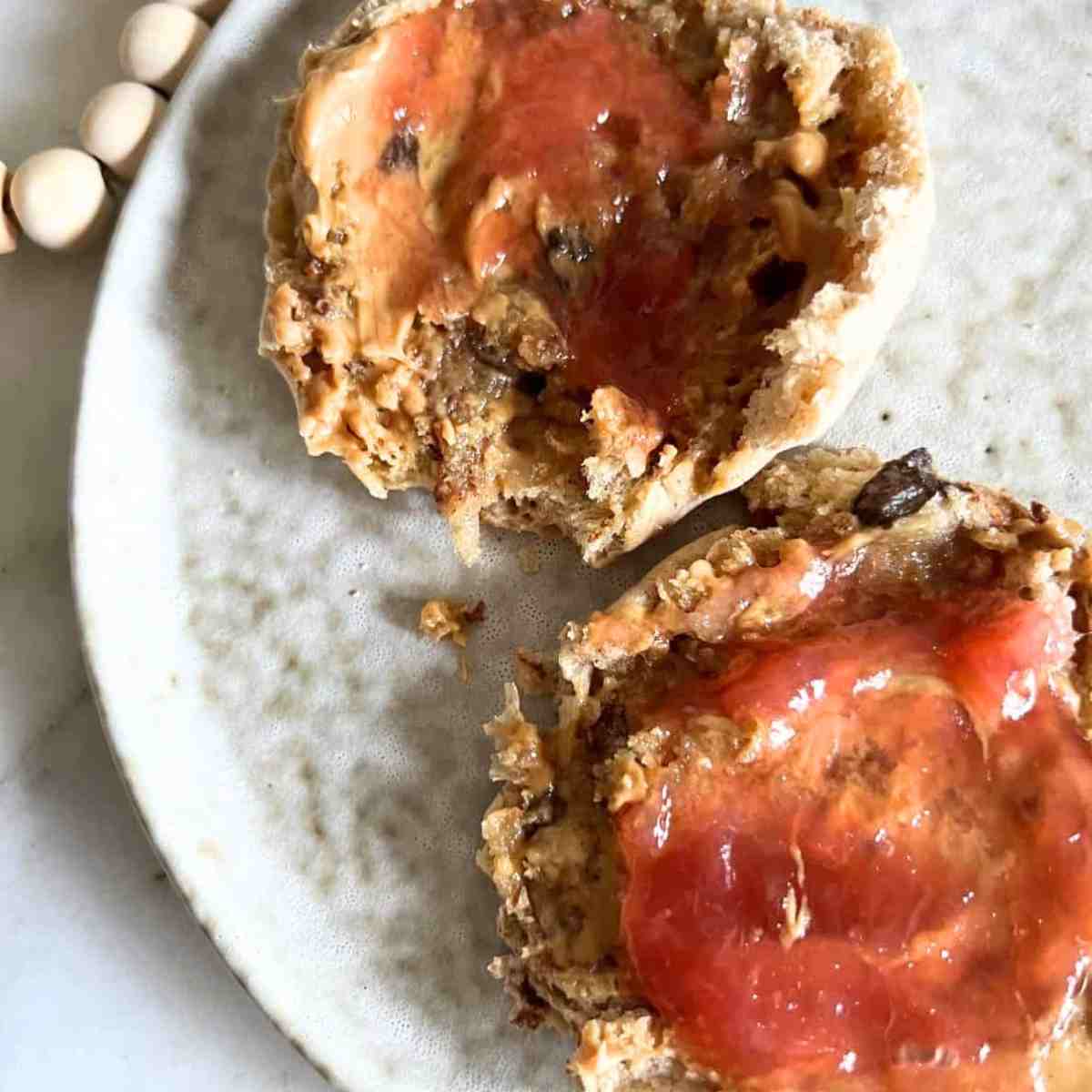 Rhubarb freezer jam on English muffin.