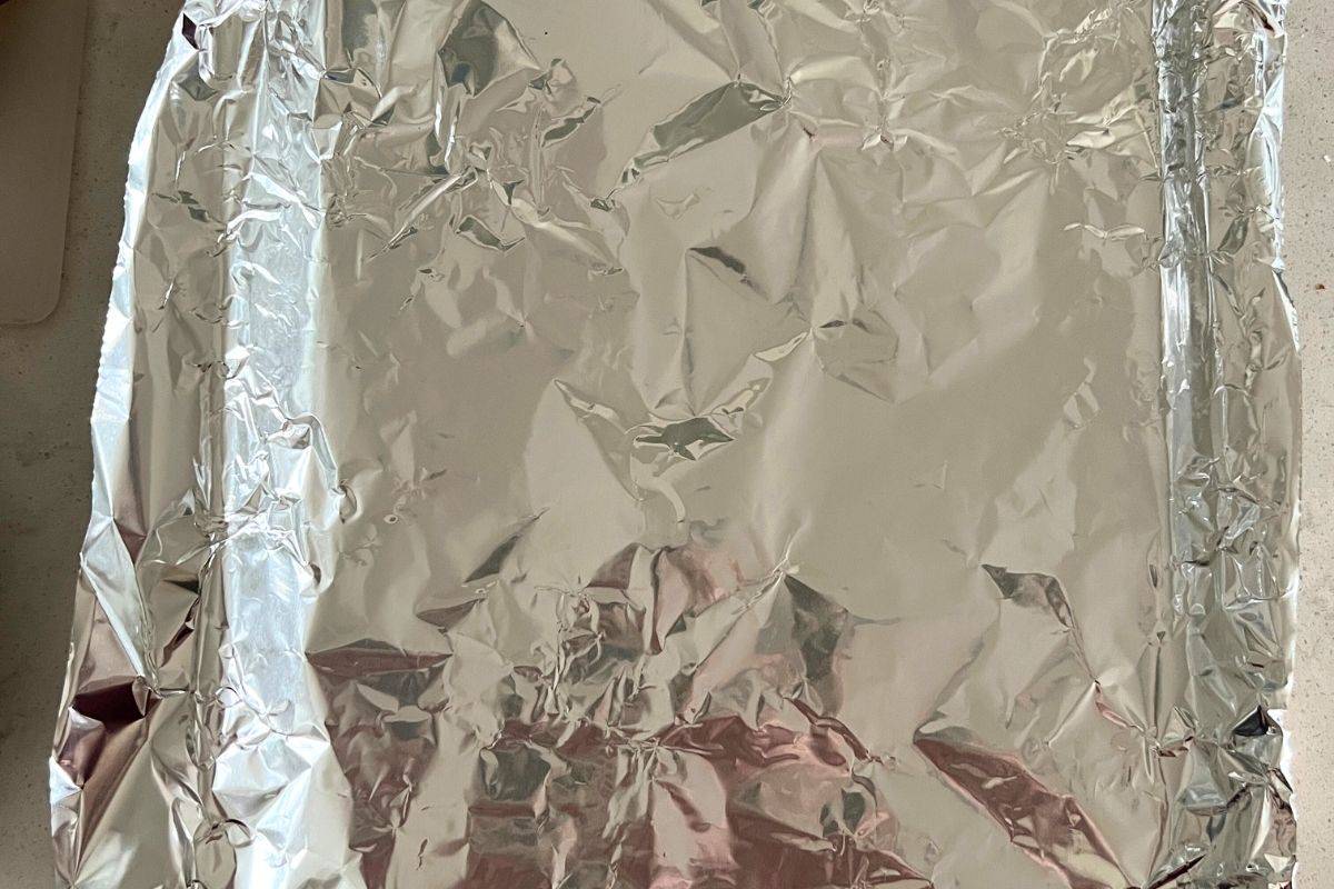 Baking sheet lined with tin foil.
