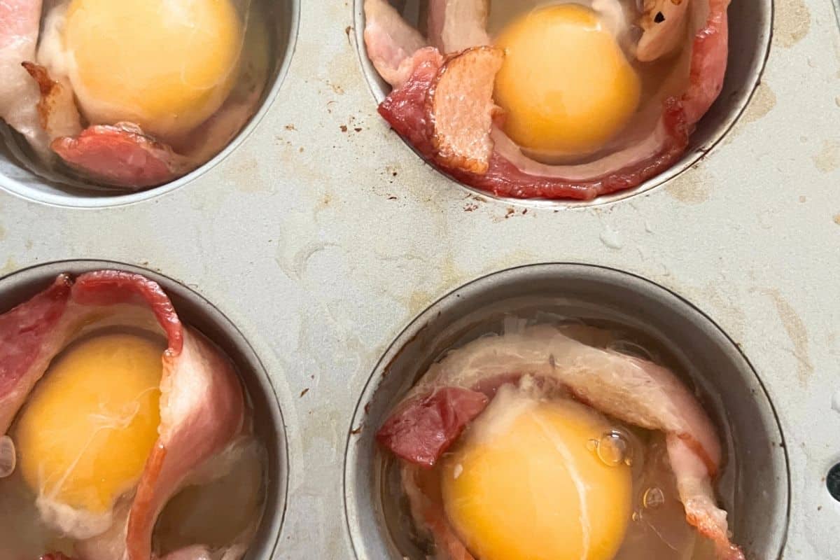 Eggs dropped in bacon cups.