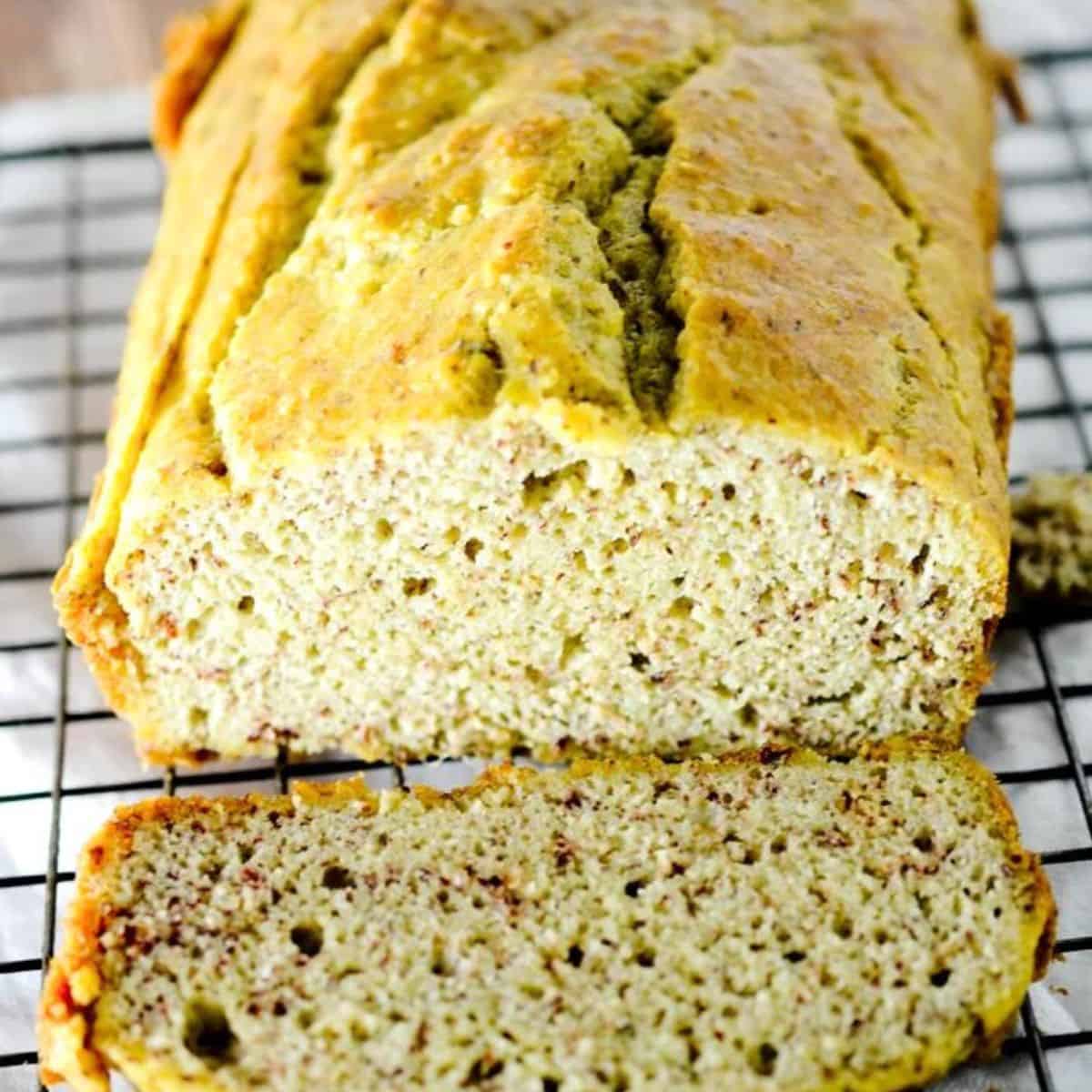 Low carb almond flour bread on a wire rack.
