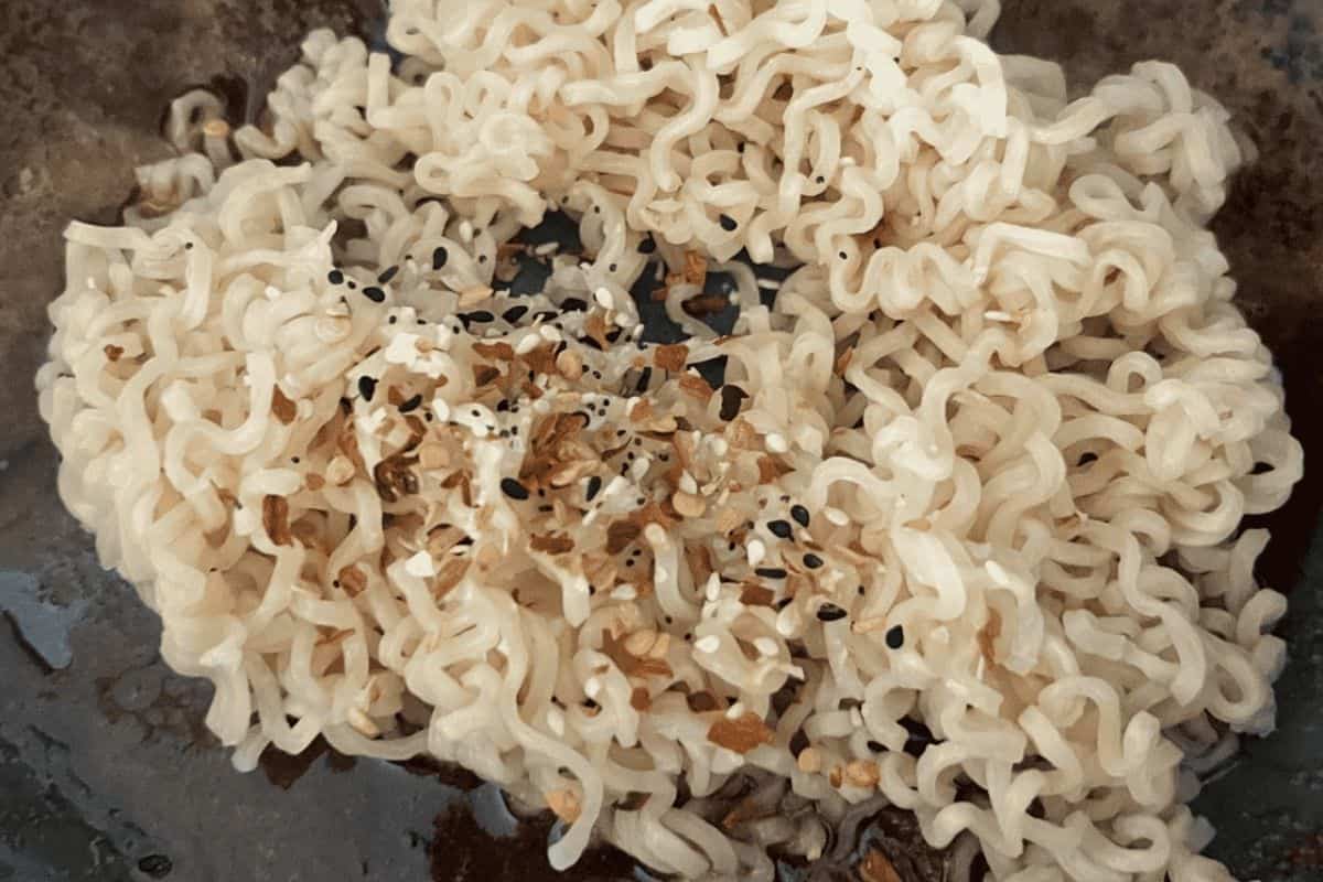 ramen noodles in a skillet.