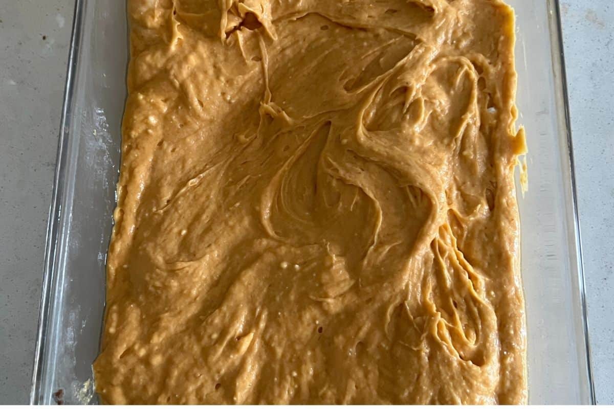Pumpkin cake mix batter in a 9X13 pan.