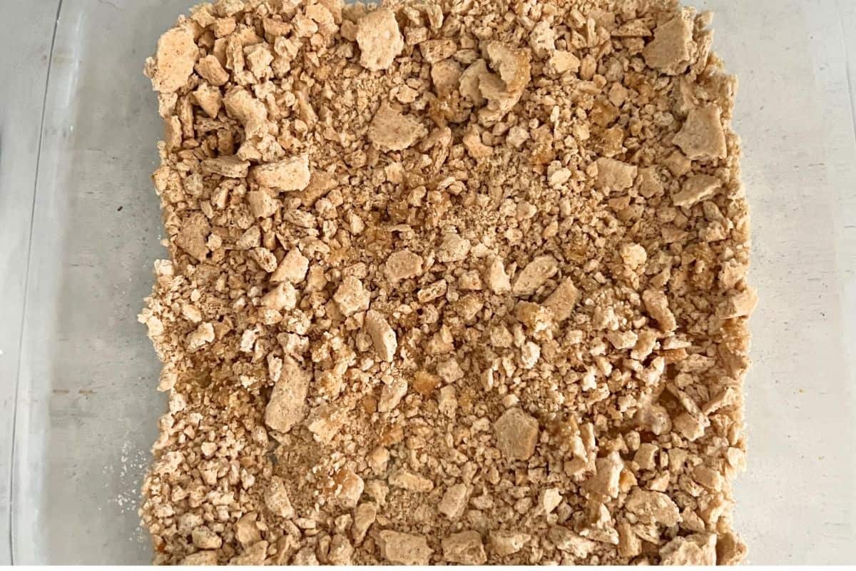 Pumpkin pie mixture in baking dish.