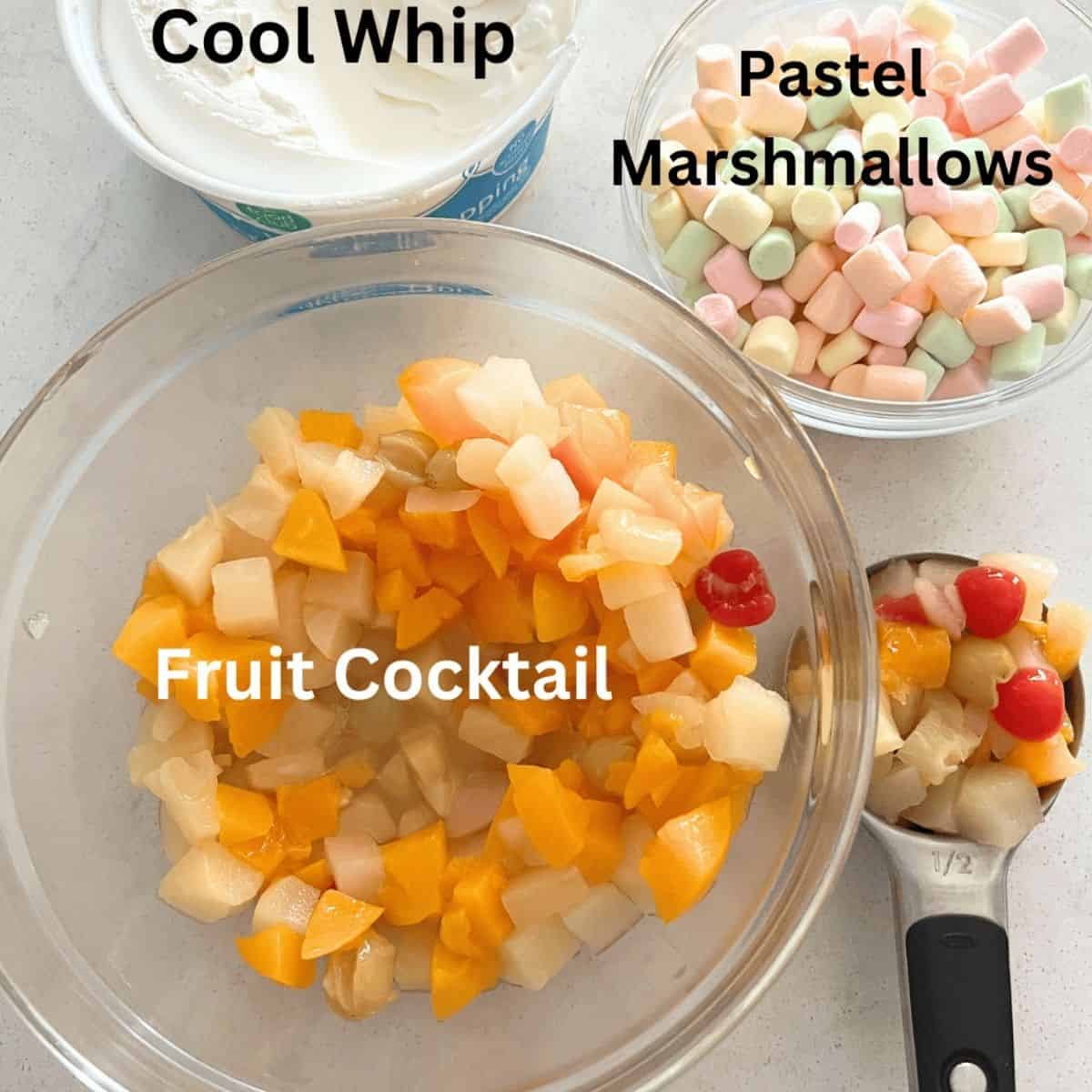 Ingredients needed for fruit cocktail salad.