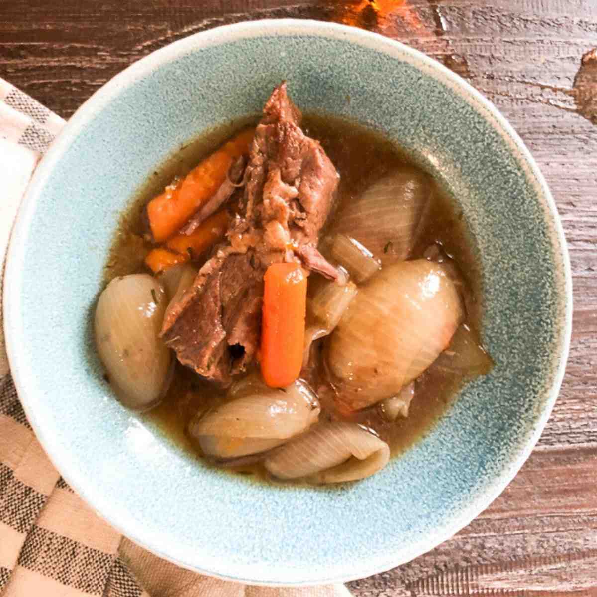 Pot roast in a blue bowl. 