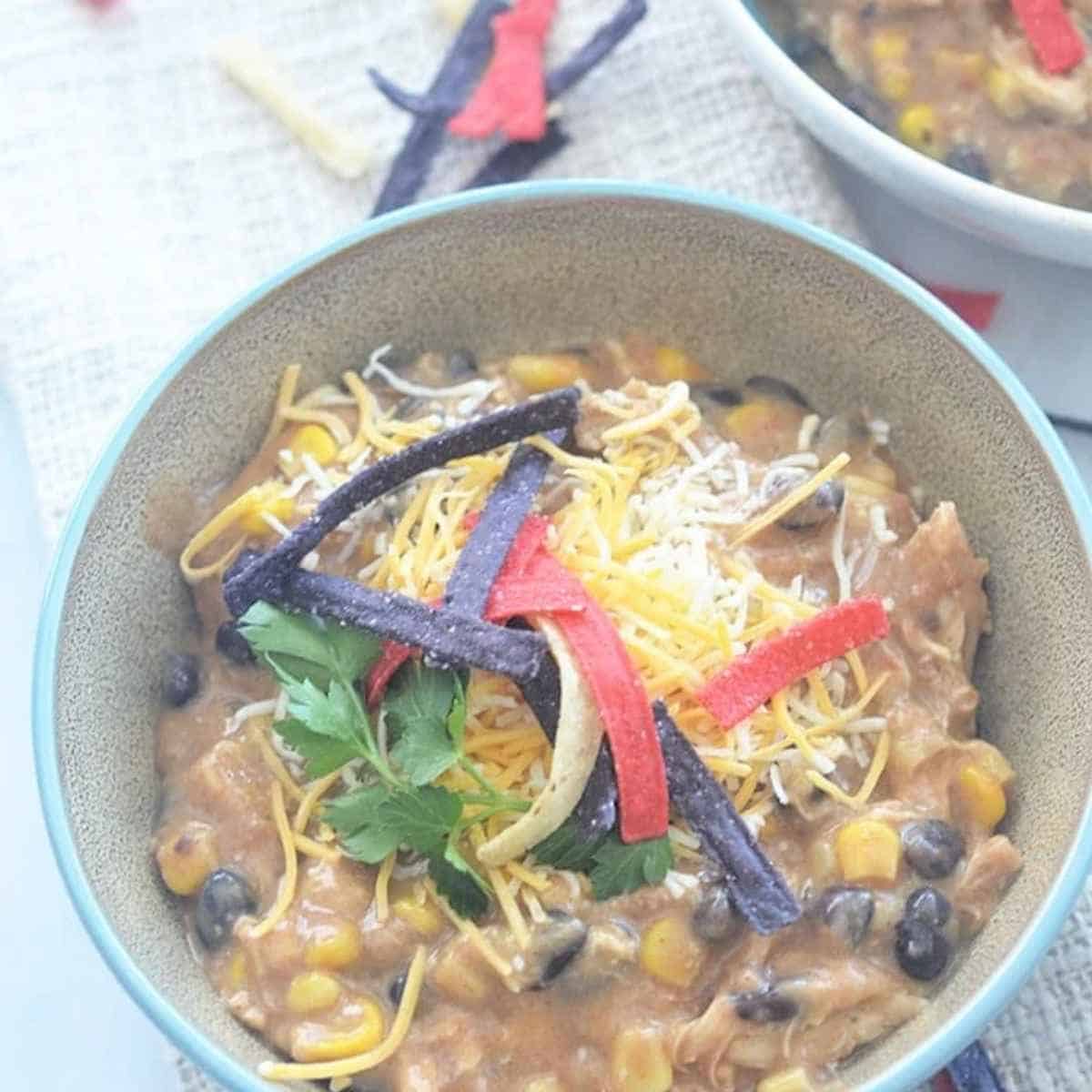 Slow cooker fajita soup with tortilla strips.
