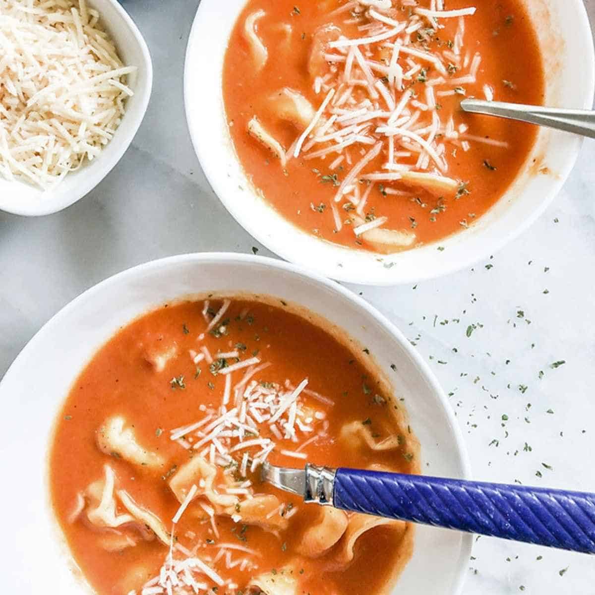 2 bowls of creamy tortellini soup. 