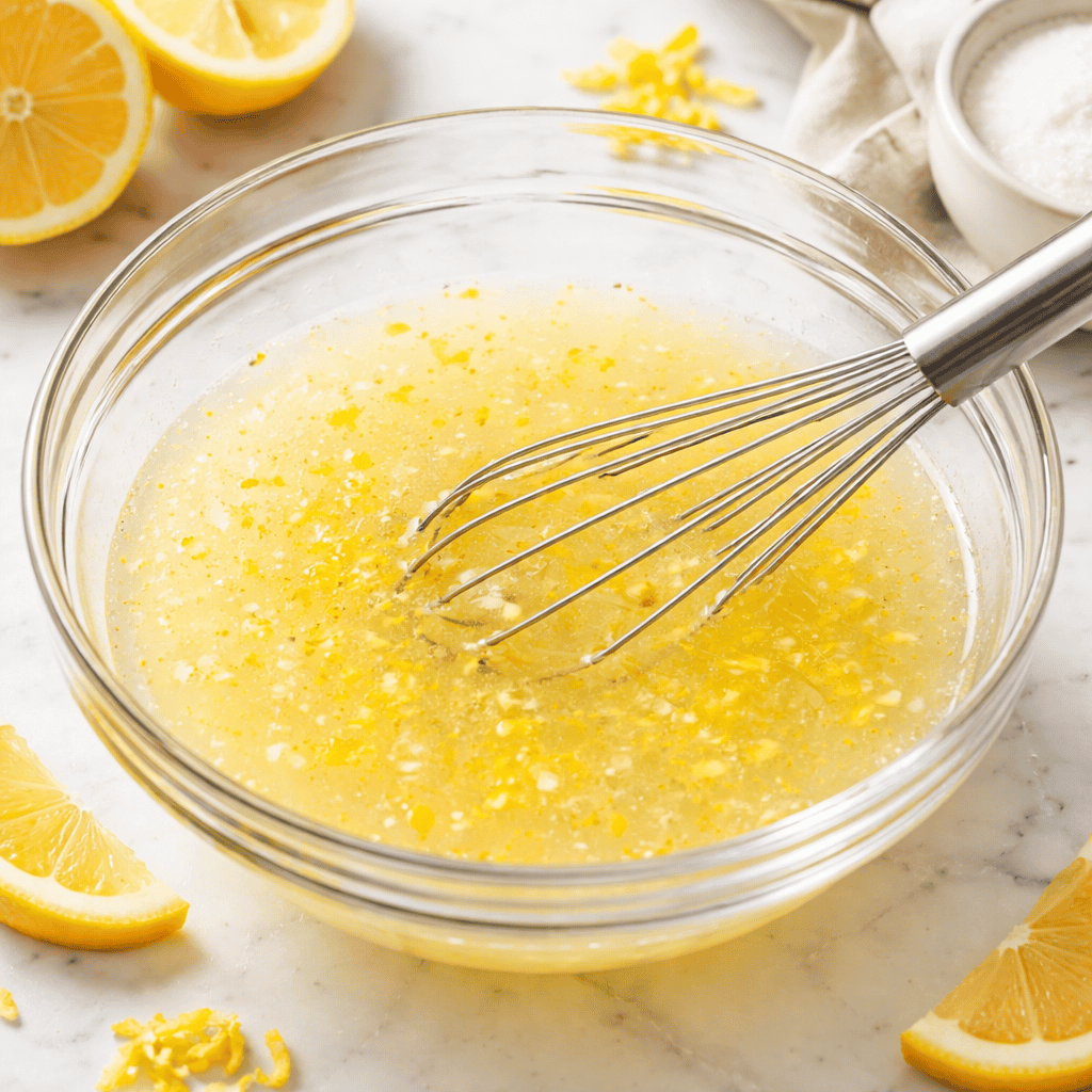 Mixed lemon juice, water, and sugar in a bowl. 
