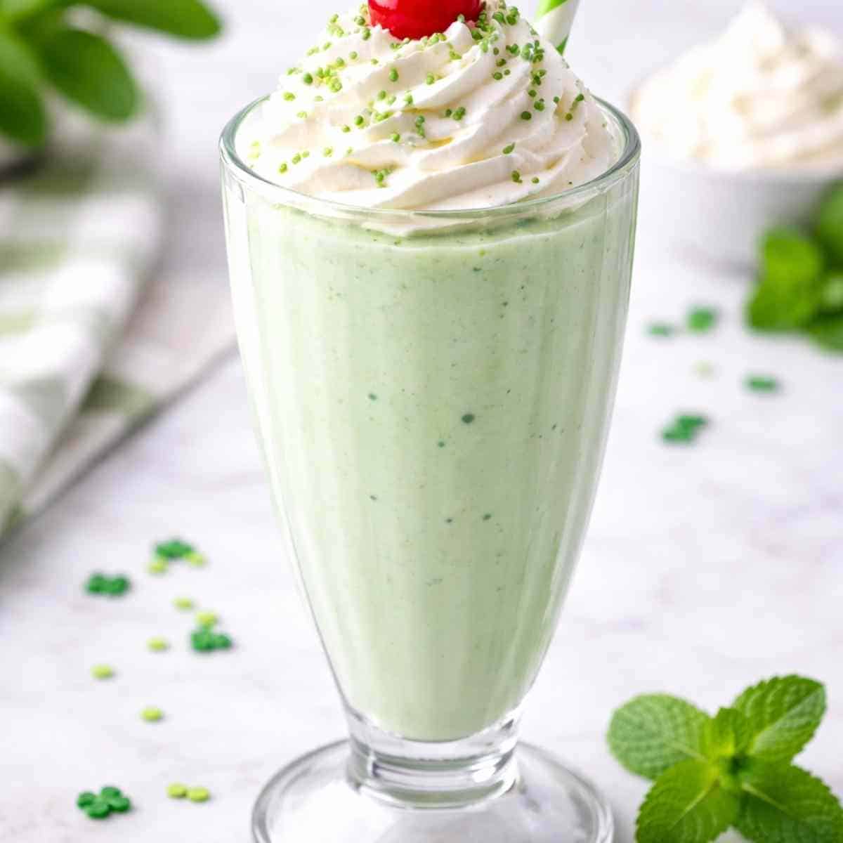 Ninja Creami Shamrock Shake topped with whipped cream and cherry.