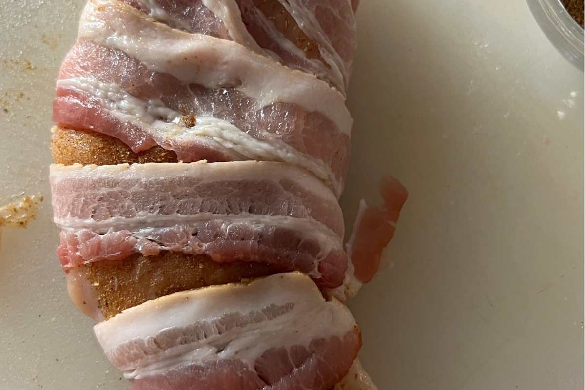 Bacon wrapped about chicken breast.