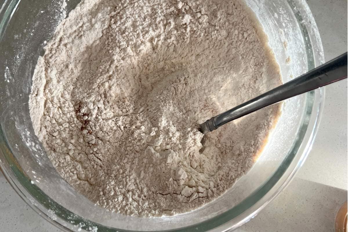 Flour, cinnamon, and sugar in a bowl.