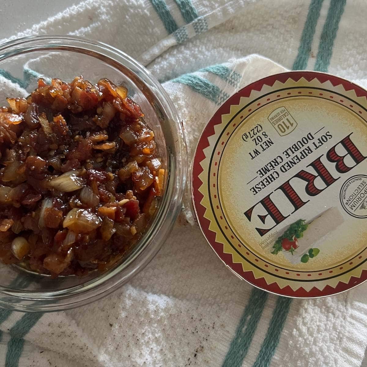 Ingredients needed for Baked Brie with Bacon Jam.