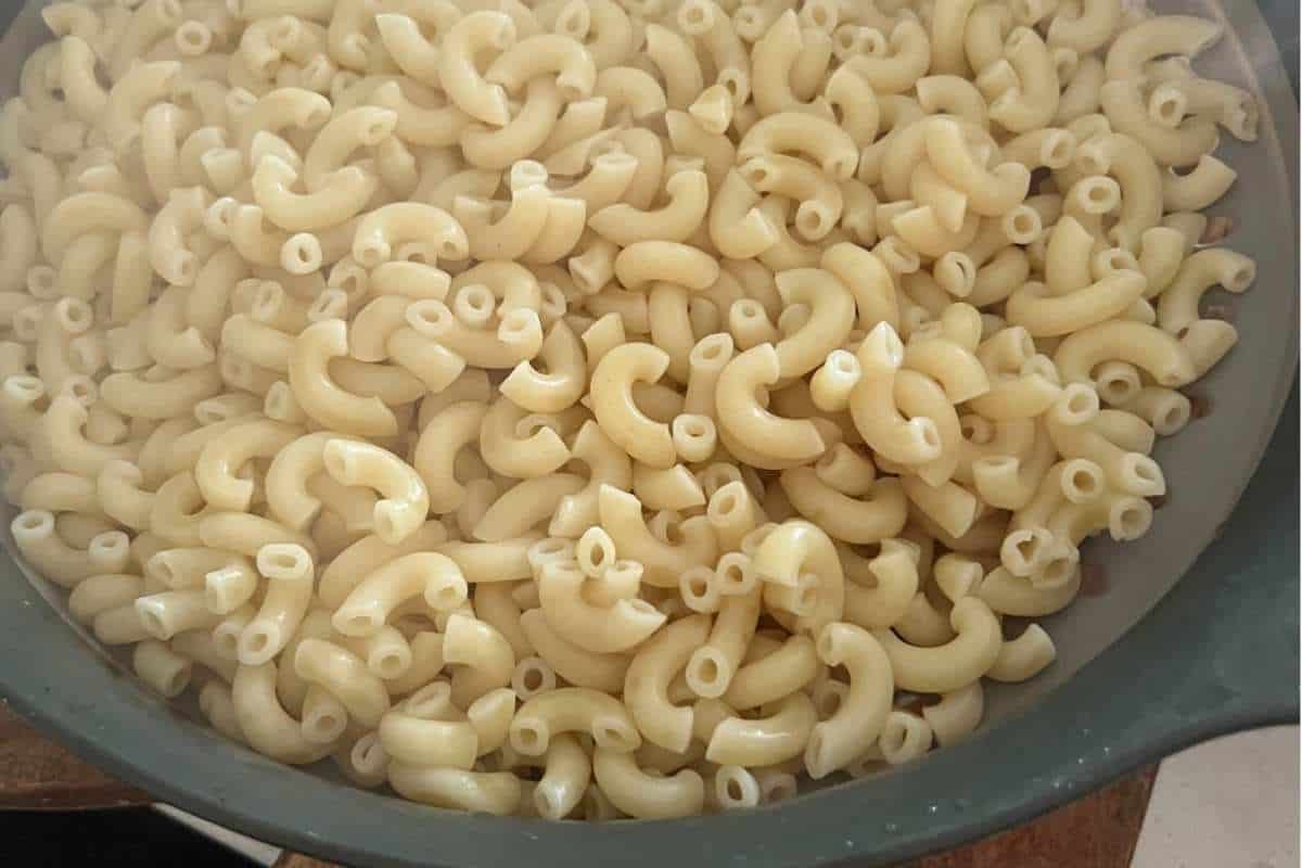Boiled and cooked pasta noodles for salad.