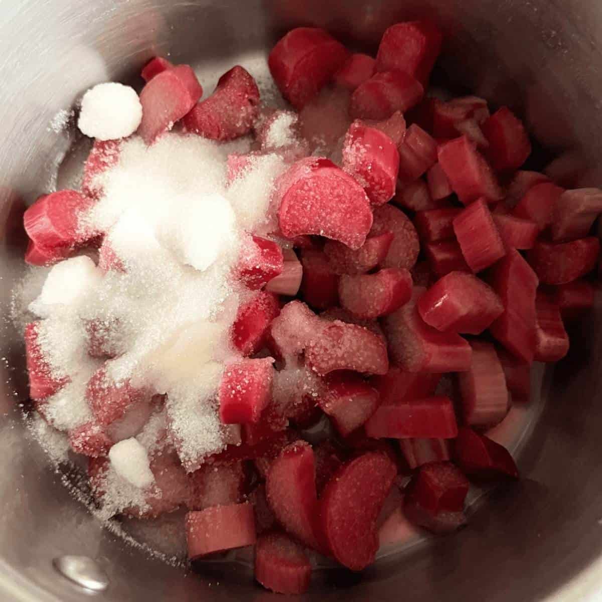 Chopped rhubarb and sugar in a pot.
